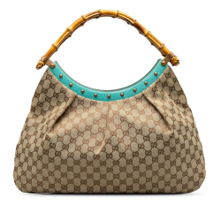 Gucci B Gucci Brown Beige with Blue Turquoise Canvas Fabric GG Bamboo Studded Hobo Italy