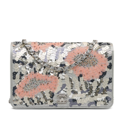 Chanel AB Chanel Silver Calf Leather Flower Sequins Wallet On Chain France