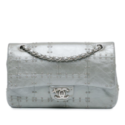 Chanel AB Chanel Silver Calf Leather Medium Glazed skin Grommet Embellished Airline Double Flap France