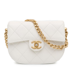 Chanel AB Chanel White Lambskin Leather Leather CC Quilted Lambskin Round Moon Messenger Flap Italy