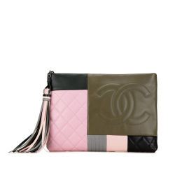 Chanel AB Chanel Green Olive Green Lambskin Leather Leather Multicolor Quilted Patchwork Pouch Italy