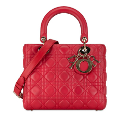 Christian Dior B Dior Red Lambskin Leather Leather Medium Lambskin Cannage Lady Dior Italy