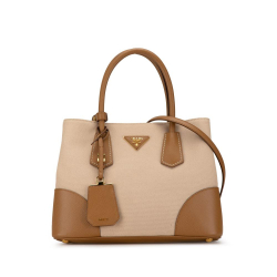 Prada AB Prada Brown Beige Canvas Fabric Canapa and Saffiano Double Satchel Italy