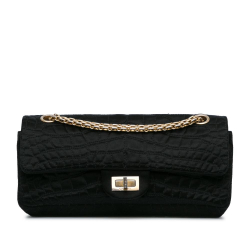 Chanel B Chanel Black Satin Fabric Reissue 2.55 Croc Stitched East West Double Flap France