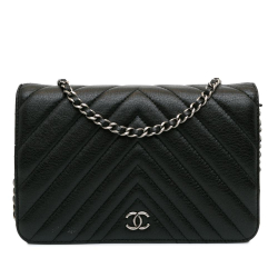 Chanel B Chanel Black Calf Leather CC Chevron skin Wallet On Chain Italy