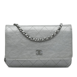 Chanel AB Chanel Silver Calf Leather CC Quilted Aged skin Wallet On Chain France