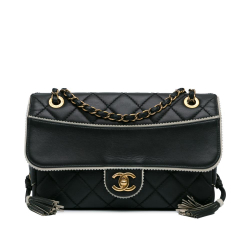 Chanel Black CC Quilted Lambskin Tassel and Border Embellished Flap Bag Italy