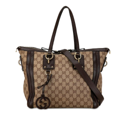 Gucci B Gucci Brown Beige Canvas Fabric GG Charm Satchel Italy