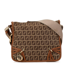 Fendi B Fendi Brown Beige Canvas Fabric Zucchino F Charm Crossbody Italy