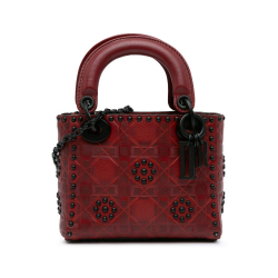 Christian Dior B Dior Red Dark Red Calf Leather Mini Embossed skin Cannage Flower Studded Lady Dior Italy