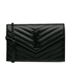 Saint Laurent AB Saint Laurent Black Calf Leather Chevron Monogram Wallet on Chain Italy