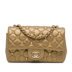 Chanel Gold Mini Rectangular Classic Metallic Lambskin Egyptian Amulet Charms Single Flap France