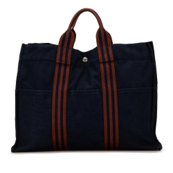 Hermès B Hermès Blue Navy with Brown Canvas Fabric Fourre Tout MM France