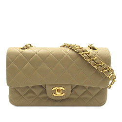 Chanel B Chanel Brown Light Beige Lambskin Leather Leather Small Classic Lambskin Double Flap France