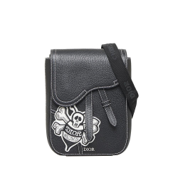 Christian Dior AB Dior Black Calf Leather x Stussy Bee Applique Saddle Crossbody Italy