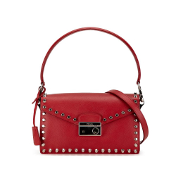 Prada B Prada Red Saffiano Leather Studded Sound Lock Satchel Italy