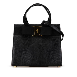 Salvatore Ferragamo B Ferragamo Black Calf Leather Lizard Embossed Vara Bow Satchel Italy