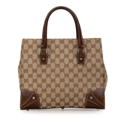 Gucci B Gucci Brown Beige Canvas Fabric GG Nailhead Tote Italy