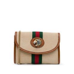 Gucci B Gucci Brown Beige Canvas Fabric Mini Rajah Web Chain Crossbody Bag Italy