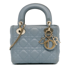 Christian Dior B Dior Blue Light Blue Lambskin Leather Leather Mini Lambskin Cannage Lady Dior Italy