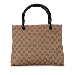 Gucci B Gucci Brown Beige Canvas Fabric GG Bamboo Tote Italy