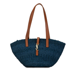 Saint Laurent B Saint Laurent Blue with Brown Raffia Natural Material Small Panier Tote Madagascar