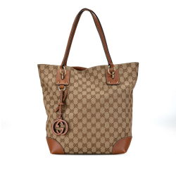 Gucci B Gucci Brown Beige Canvas Fabric GG GG Charm Tote Italy