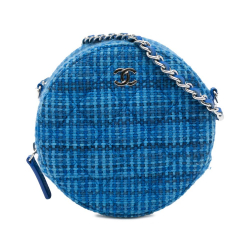 Chanel AB Chanel Blue Tweed Fabric Quilted Round Clutch With Chain Italy