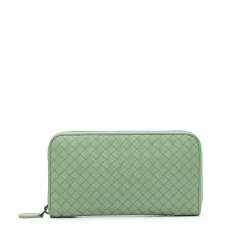 Bottega Veneta B Bottega Veneta Green Light Green Calf Leather Intrecciato Zip Around Long Wallet Italy