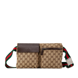 Gucci B Gucci Brown Beige Canvas Fabric GG Web Double Pocket Belt Bag Italy