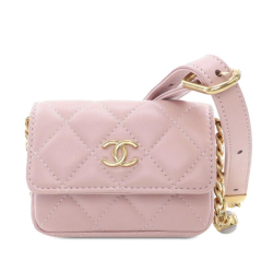 Chanel AB Chanel Pink Lambskin Leather Leather Quilted Lambskin Card Holder On Chain Italy