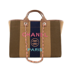 Chanel AB Chanel Brown Raffia Natural Material Large Striped Straw Deauville Tote France