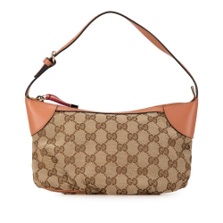 Gucci B Gucci Brown Beige with Orange Peach Canvas Fabric GG Web Handbag Italy