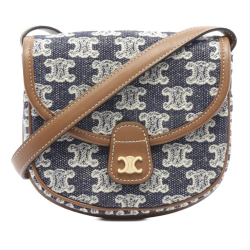 Celine AB Celine Blue Navy with Brown Canvas Fabric Mini Triomphe and Calfskin Besace Crossbody Italy