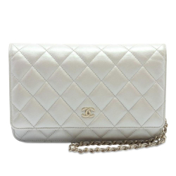 Chanel AB Chanel White Pearl Lambskin Leather Leather Quilted Iridescent Lambskin Wallet on Chain France