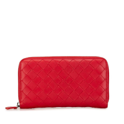 Bottega Veneta B Bottega Veneta Red Calf Leather Intrecciato Zip Around Long Wallet Italy