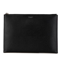 Saint Laurent AB Saint Laurent Black Calf Leather Grain de Poudre Zip Clutch Italy