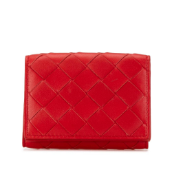 Bottega Veneta B Bottega Veneta Red Calf Leather Intrecciato Trifold Wallet Italy