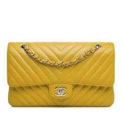 Chanel B Chanel Yellow Mustard Lambskin Leather Leather Medium Classic Chevron Lambskin Double Flap France