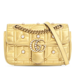 Gucci B Gucci Gold Calf Leather Mini GG Marmont Pearly Matelasse Crossbody Italy