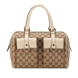 Gucci B Gucci Brown Beige with White Canvas Fabric GG Abbey Pocket Boston Italy