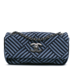 Chanel B Chanel Blue with Black Canvas Fabric Stripe Flap Bag Italy