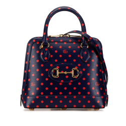 Gucci B Gucci Blue Navy Calf Leather Small Horsebit 1955 Polka Dot Top Handle Satchel Italy