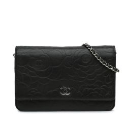 Chanel B Chanel Black Lambskin Leather Leather Lambskin Camellia Embossed Wallet On Chain Italy