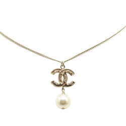 Chanel AB Chanel Silver with Brown Light Brown Gold Plated Metal CC Faux Pearl Pendant Necklace Italy