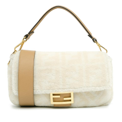 Fendi AB Fendi White Fur Natural Material Small Zucca Shearling Baguette Satchel Italy