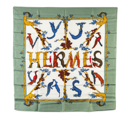 Hermès A Hermès White Light Green with Green Light Green Silk Fabric Alphabet III Scarf France