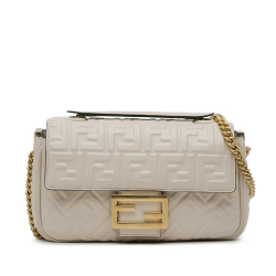 Fendi B Fendi White Calf Leather Zucca Embossed Chain Midi Baguette Italy