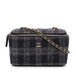 Chanel AB Chanel Blue Navy with Gray Tweed Fabric Small Plaid Vanity Case with Chain Italy