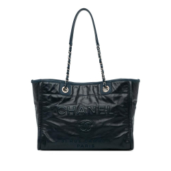 Chanel B Chanel Blue Navy Calf Leather Small Glazed skin and Caviar Deauville Tote Italy